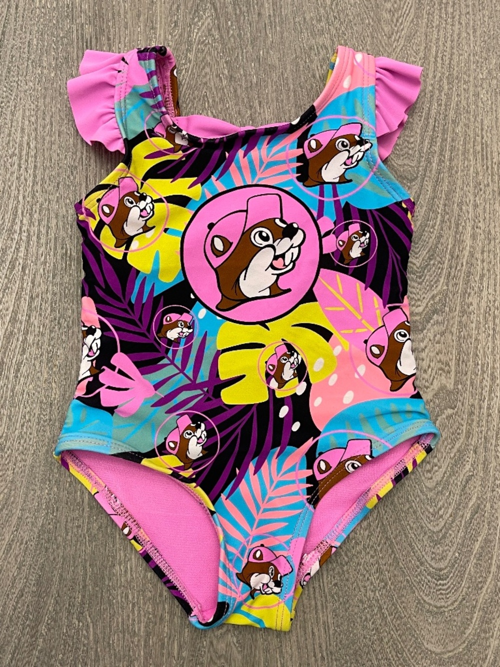 Buc-ees Baby Girl Swimsuit Size 9-12M Pink and Blue Tropical Print Ruffle